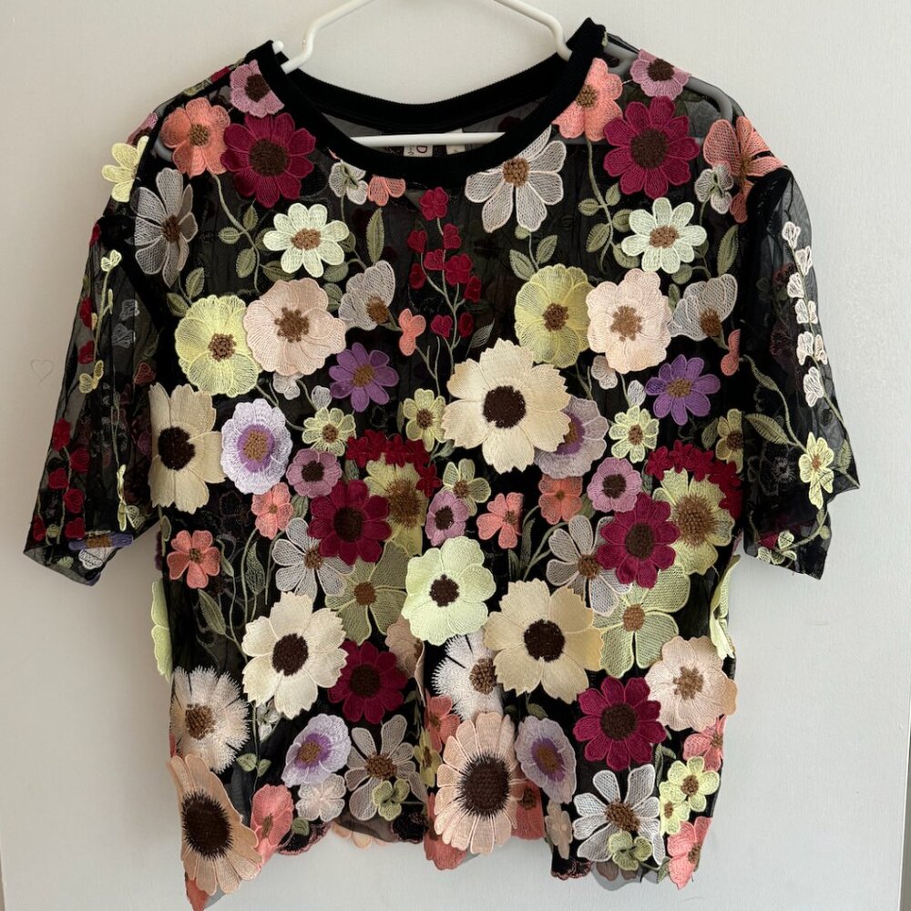 Anthropologie Dolan Flower Appliqué Sheer Tee XL